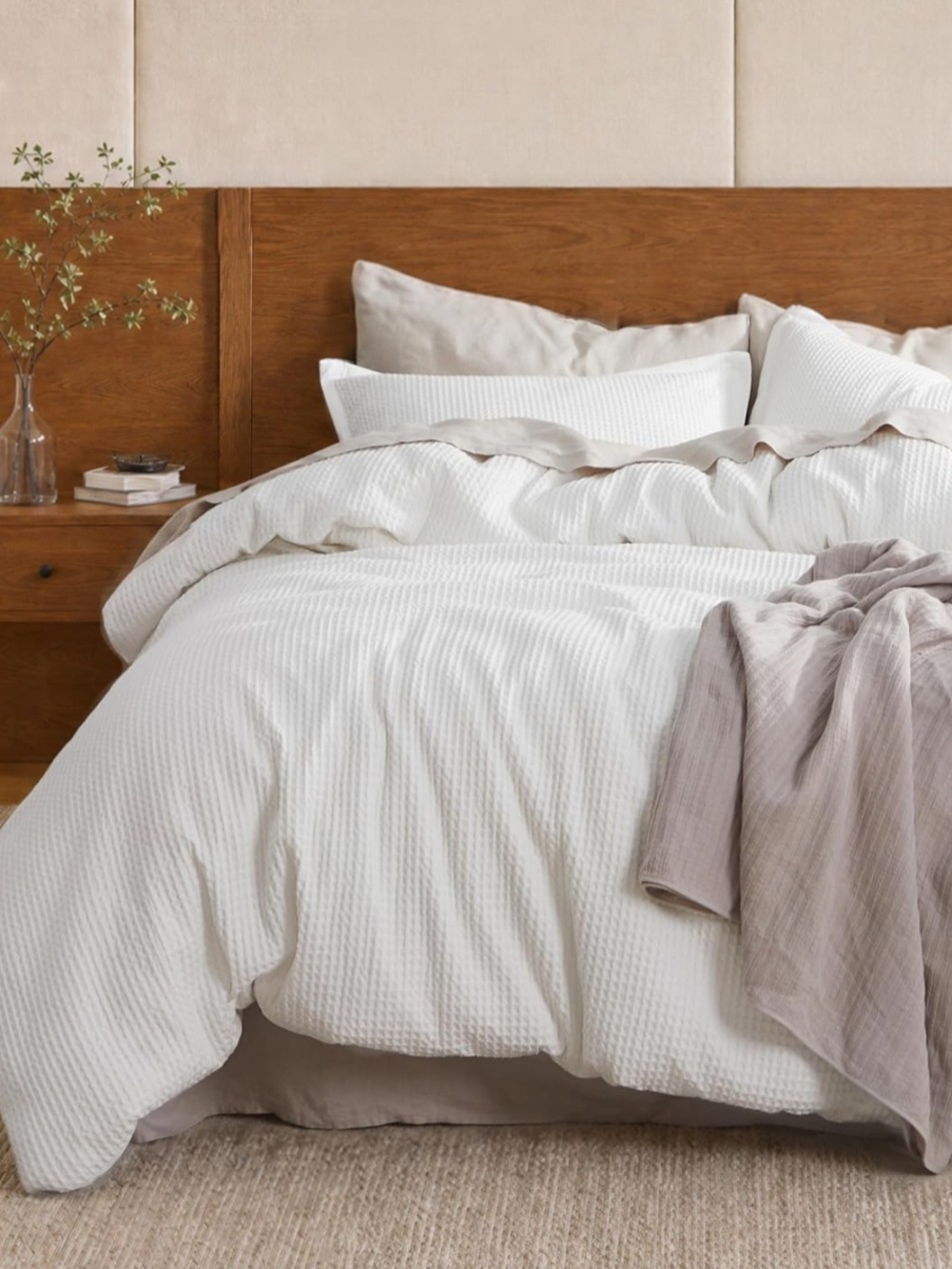 King Size White Waffle-Texture Duvet Cover 3 Pcs Set New